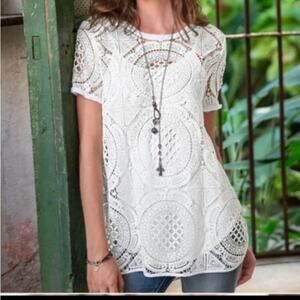 Sundance Shadow Dance White Crochet Lace
Eyelet Open Knit Boho Blouse Top Tee XS